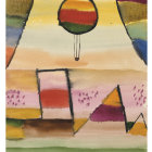 Abstract Landscape Artwork with Geometric Shapes and Hot Air Balloon