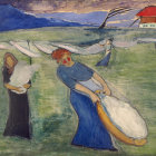 Vibrant painting: Two women in flowing dresses in colorful landscape