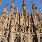 Detailed Gothic architecture and colorful mosaics of Sagrada Família facade