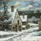 Snow-covered village houses with festive decorations under a full moon and falling snowflakes