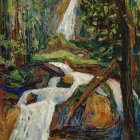 Tranquil forest scene with autumn waterfall and sunlight