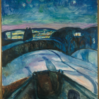 Night Scene Painting with Swirling Blue Sky and Crescent Moon