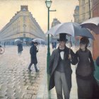 Vibrant impressionistic painting of elegantly dressed figures with umbrellas on rain-slicked street