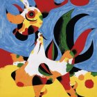 Colorful Abstract Rooster Painting on Yellow Background