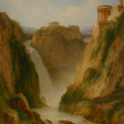 Landscape painting: Waterfalls, cliffs, classical architecture, lighthouse