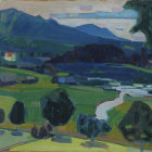 Scenic painting of village nestled in rolling hills and tranquil river