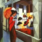 Colorful Abstract Painting: Stylized Woman in Hat and Red Cloak on Balcony