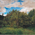 Rural scene with ripe apples, traditional houses, and lush grass