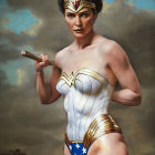 Female superhero with tiara and lasso in red, white, and blue costume on abstract background