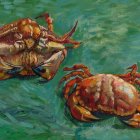 Colorful illustrated crabs in sea-green setting with marine life.