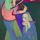 Vibrant Abstract Painting of Three Violinists in Geometric Setting