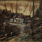 Atmospheric painting of aged sailing ships in tranquil harbor