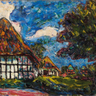 Vibrant expressionist painting of clustered houses under swirling blue sky