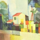 Colorful Cubist Painting of Geometric Houses