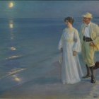 Traditional clothing man and woman on beach at sunset with sea, boat, and dog.