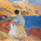 Traditional Clothing Women by Sea with Cliffs and Flora