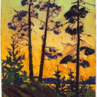 Stylized artwork of tall pine trees against warm gradient sky