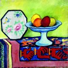 Colorful Abstract Illustration of Feminine Figure with Fruit Bowl on Vibrant Geometric Background