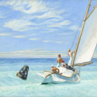 Stylized painting: Large figure in hat by sea, sailboat, tiny people, blue sky