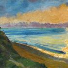 Colorful Cubist Coastal Landscape with Sun, Sea, and Cliffs