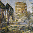 Colorful Tower Painting with Trees, House, and Field in a Whimsical Landscape