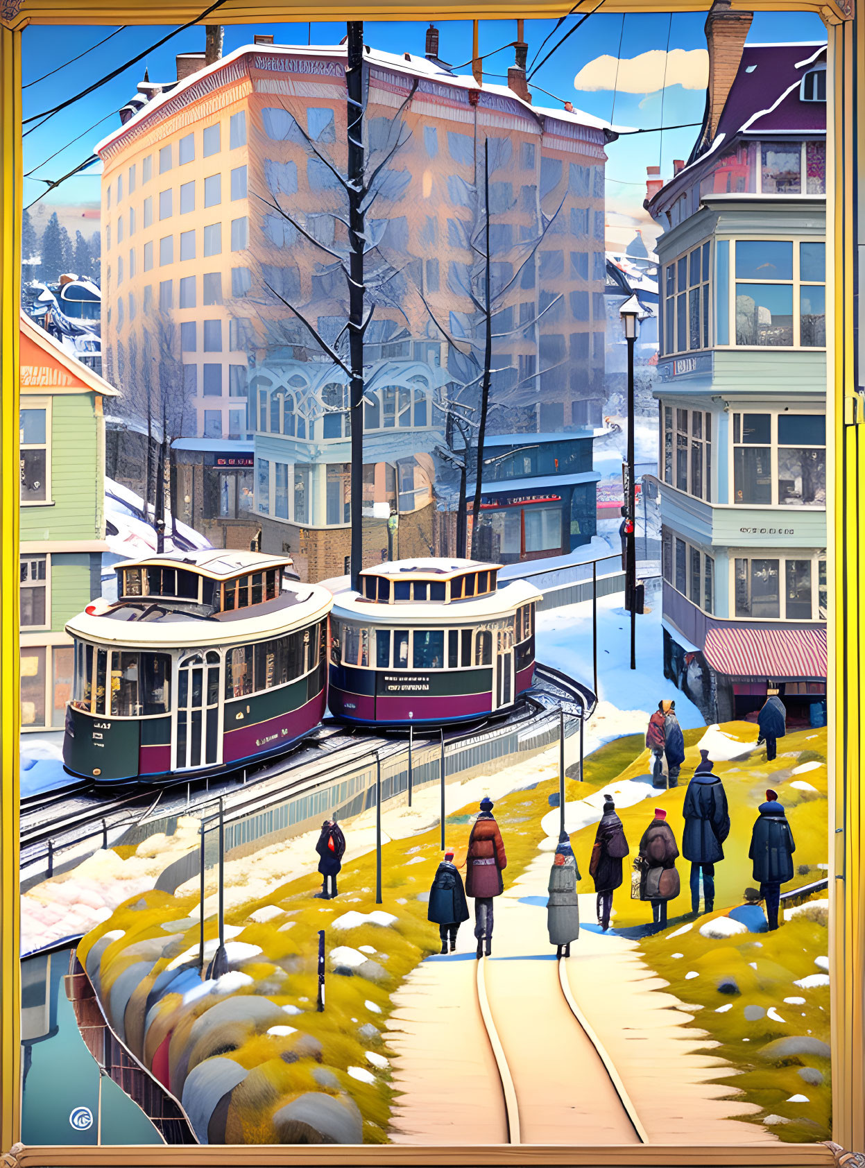 Snowy city scene with vintage trams and European buildings.