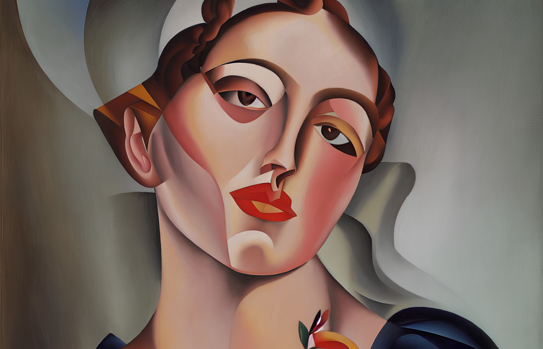 Stylized portrait of woman with exaggerated features and headscarf holding fruit