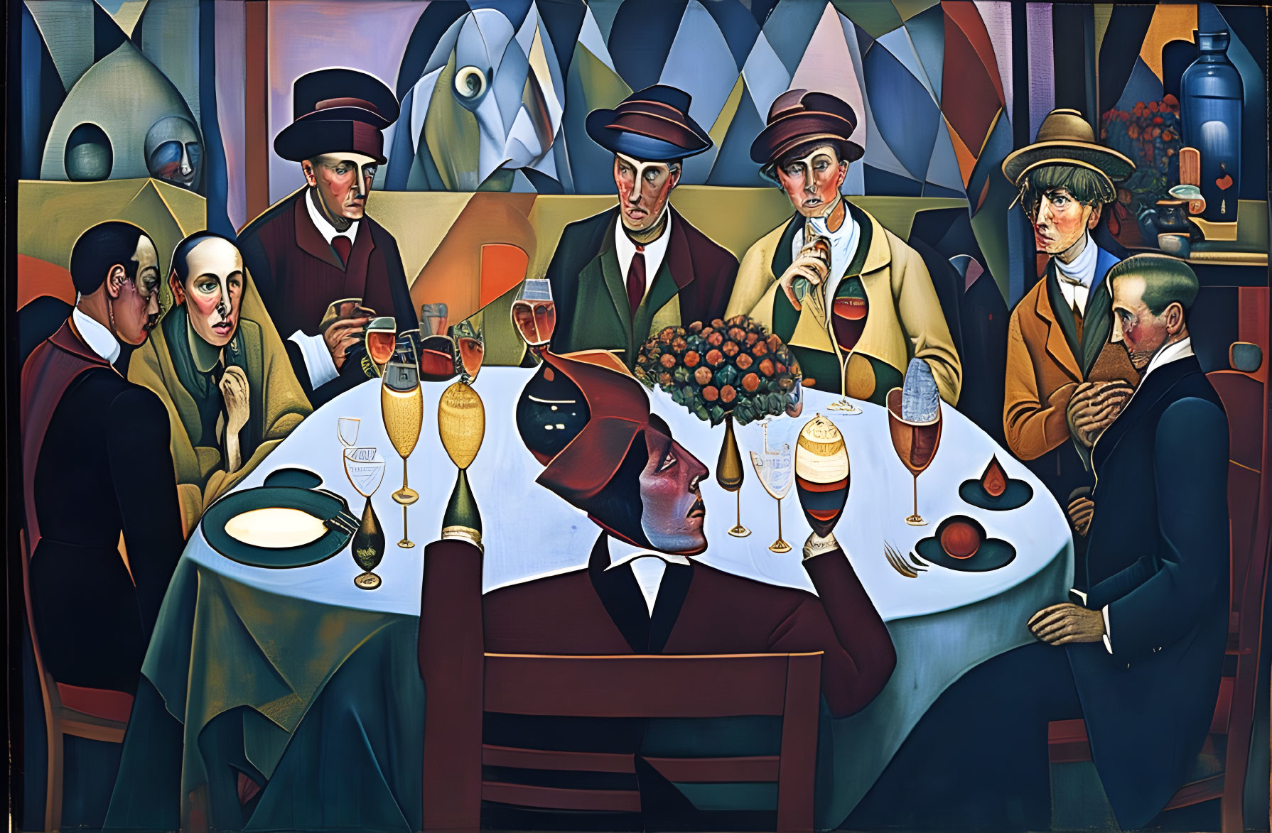 Abstract painting of seven people at table with geometric shapes and bold colors