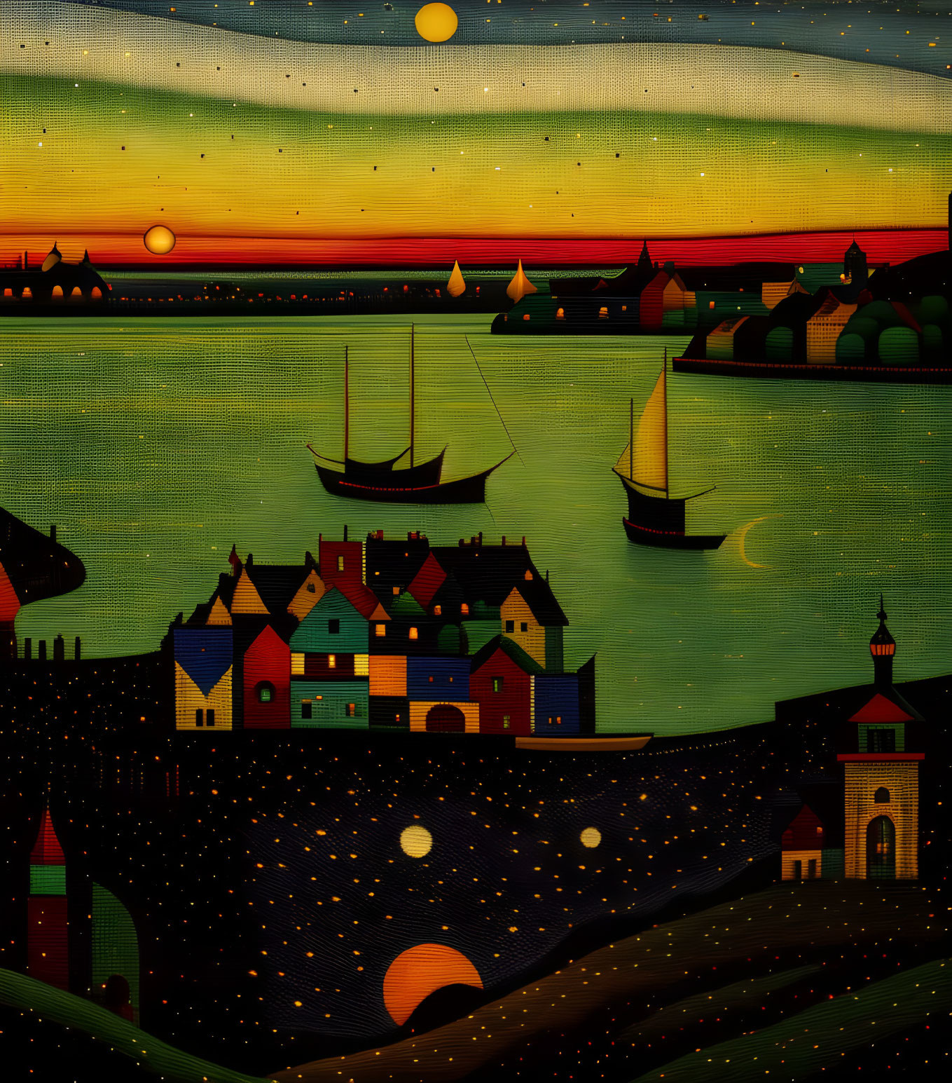 Coastal village painting at dusk with starry skies and sailboats