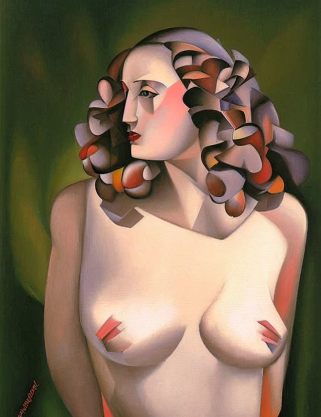 Cubist-style portrait of a woman with ribbon-like hair on dark-green backdrop