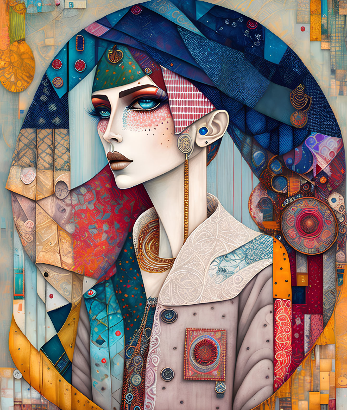 Colorful geometric portrait of a woman with intricate jewelry and headscarf