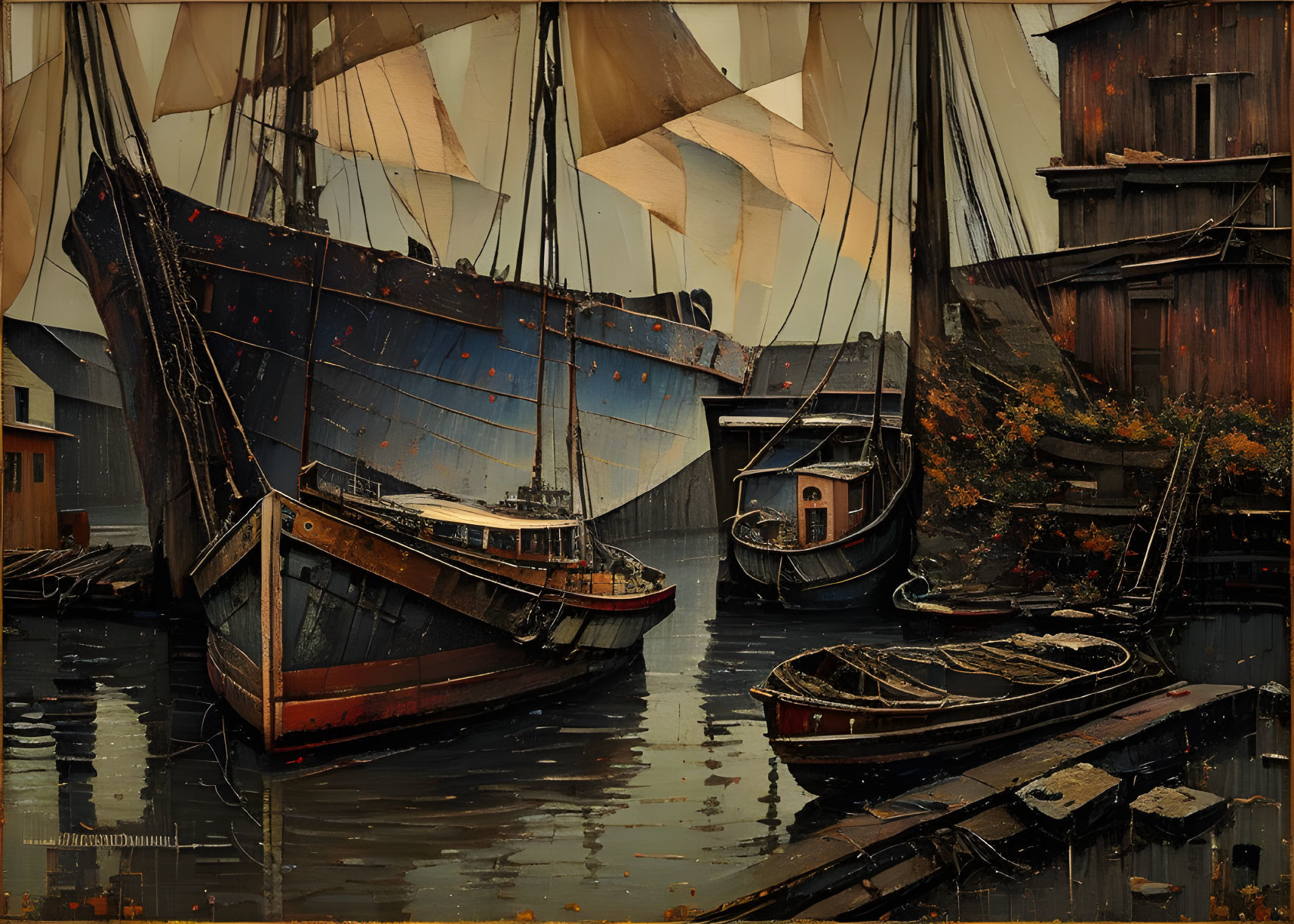 Atmospheric painting of aged sailing ships in tranquil harbor