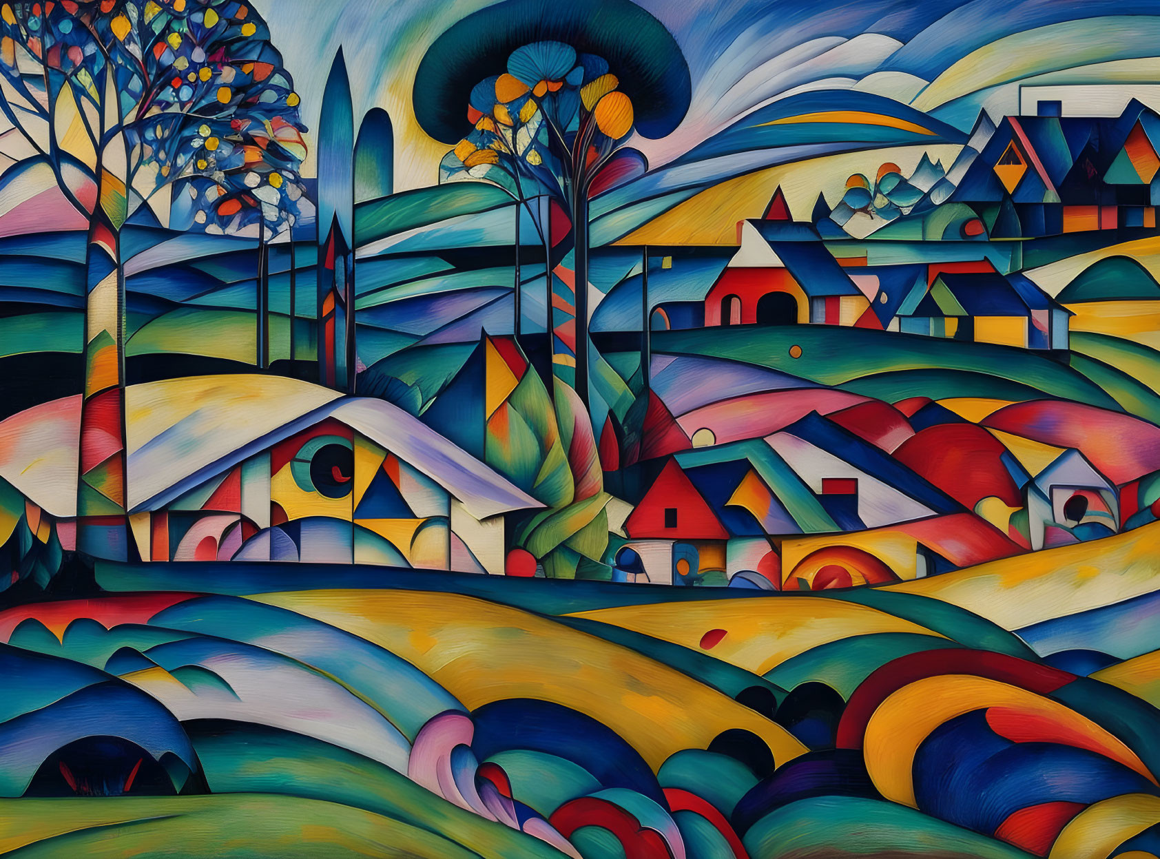 Colorful landscape painting with rolling hills, houses, trees, and geometric shapes.