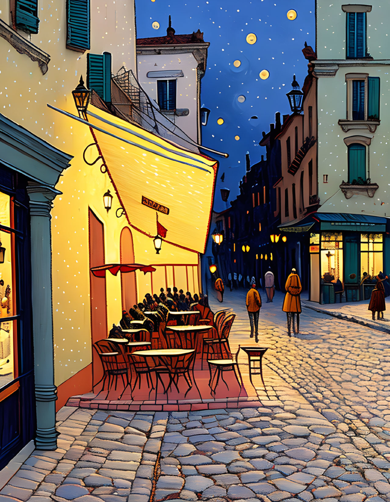 Illustrated evening street scene with cozy cafe, shops, and starry sky.