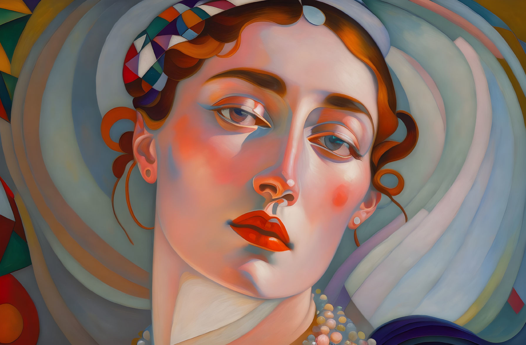 Vibrant portrait of a woman with red lips and pearl necklace