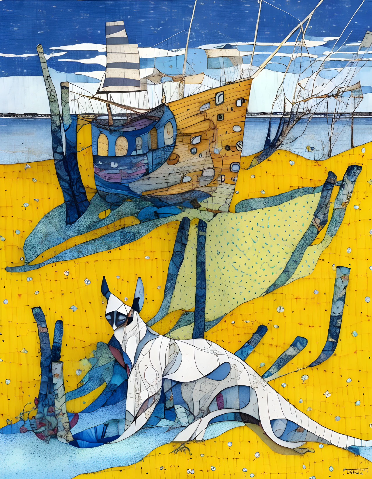 Stylized illustration of beached ship and abstract cat on yellow sand background