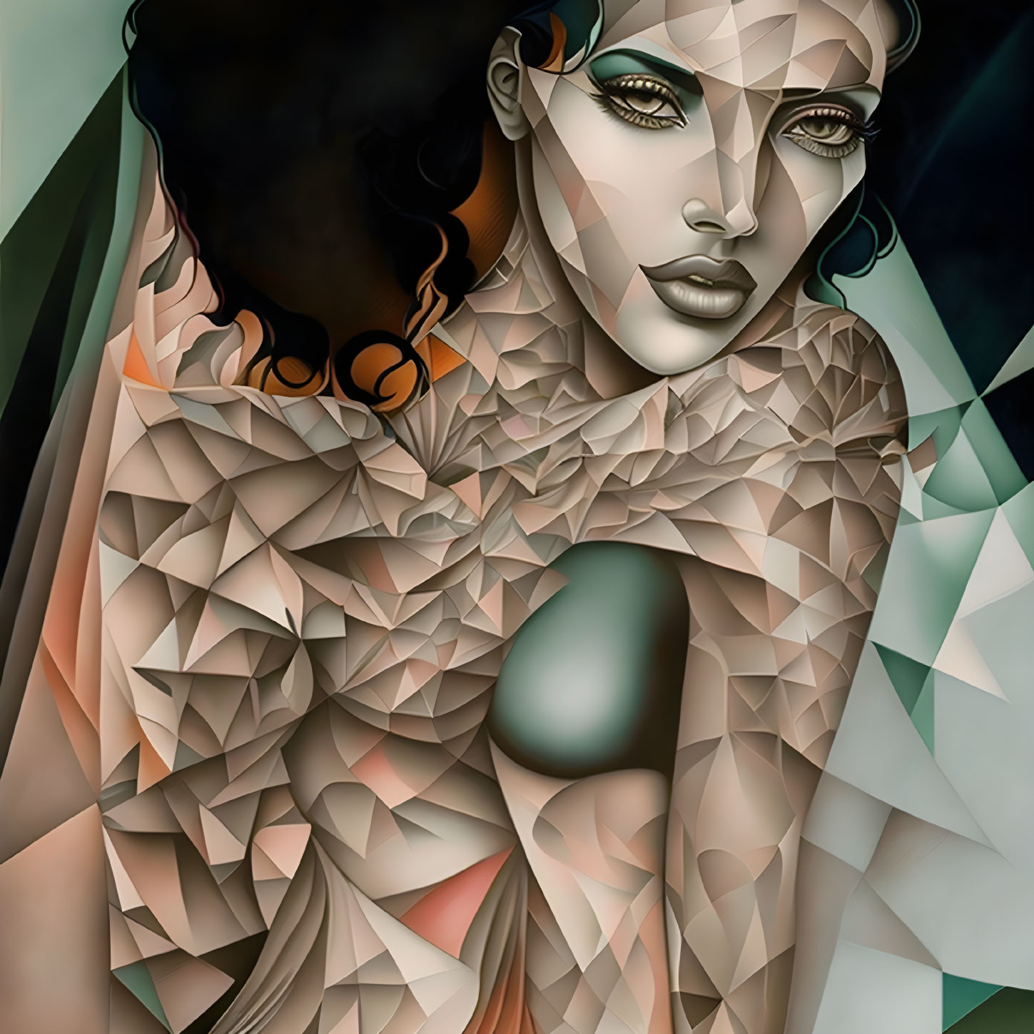 Cubist-style Woman Portrait with Geometric Shapes in Green and Beige