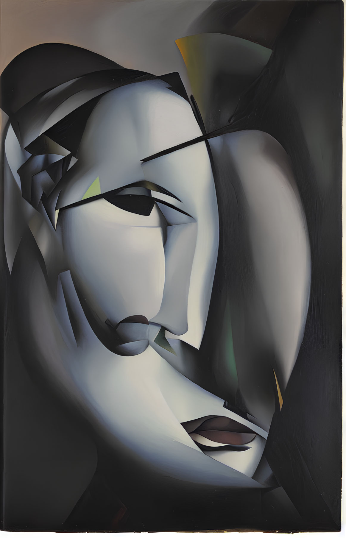 Cubist-style abstract painting of fragmented human face