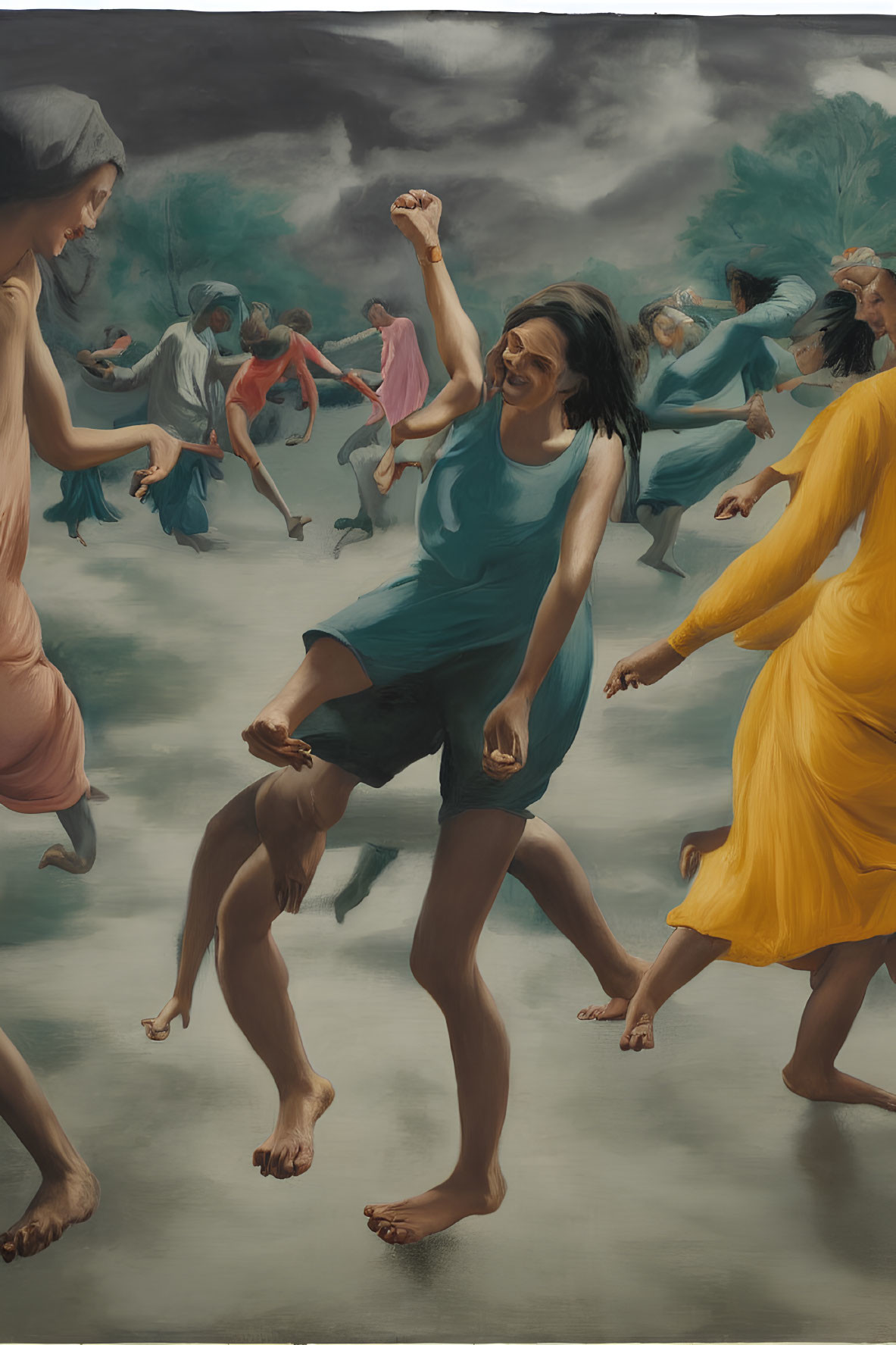 Vibrant painting of people in dance-like motions