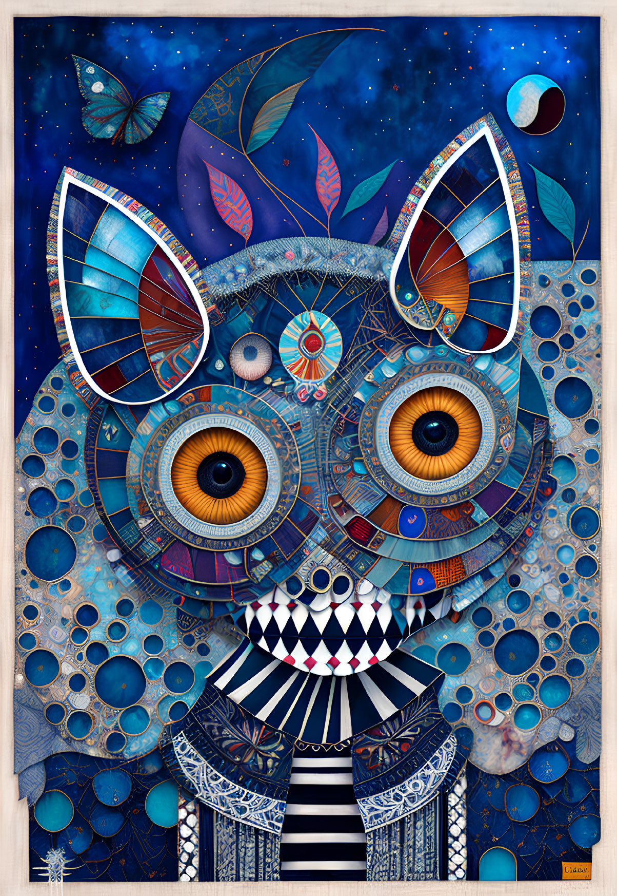 Colorful artwork featuring cat with cosmic elements, butterflies, and planets