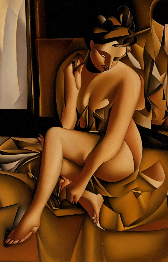 Cubist Style Seated Nude Figure with Geometric Shapes and Earthy Tones