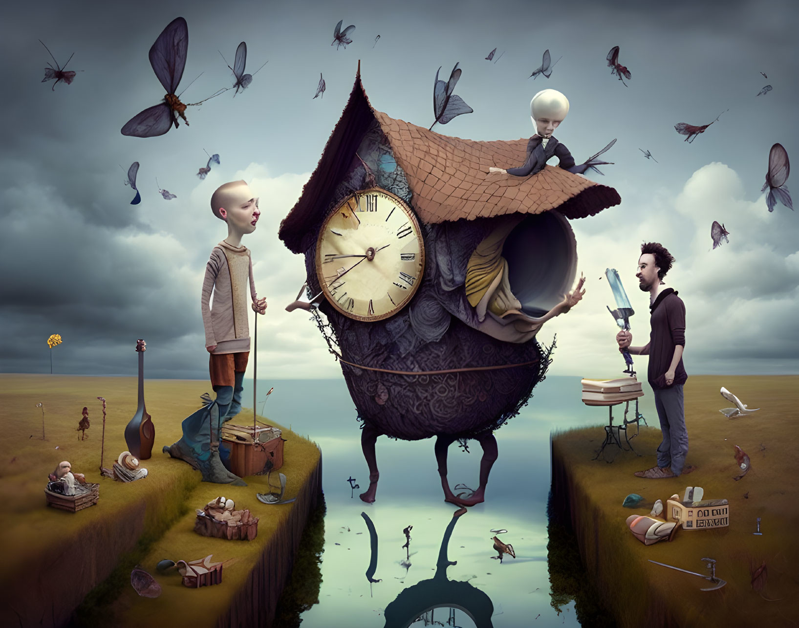 Surreal oversized characters, clock-house, giant insects, and musical instruments on floating earth patches