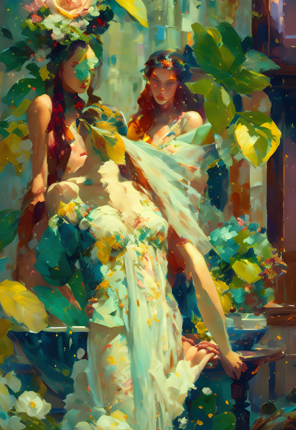 Ethereal women with floral crowns in lush greenery & golden light