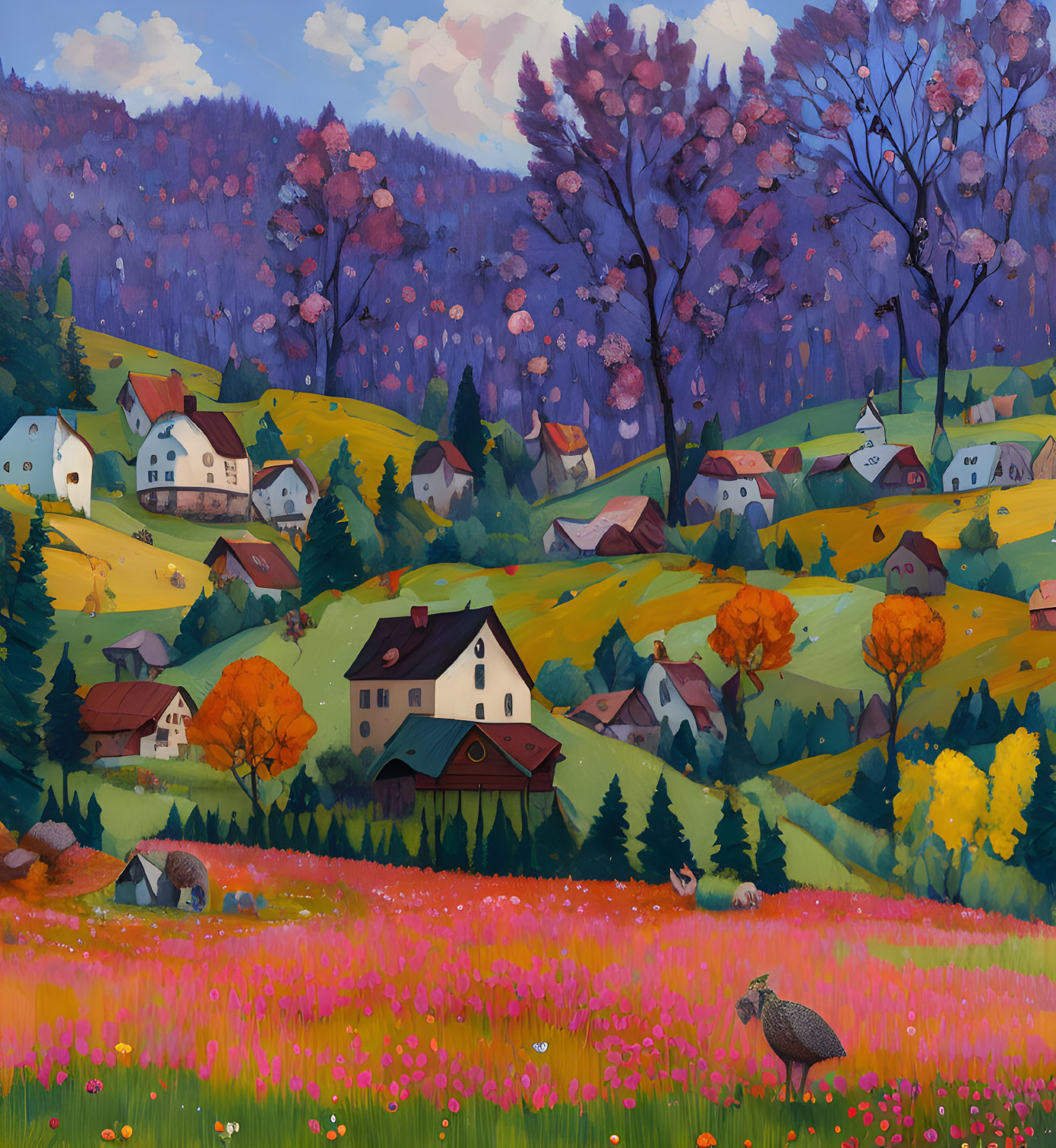 Colorful village scene with rolling hills, pink flowers, and a bird.