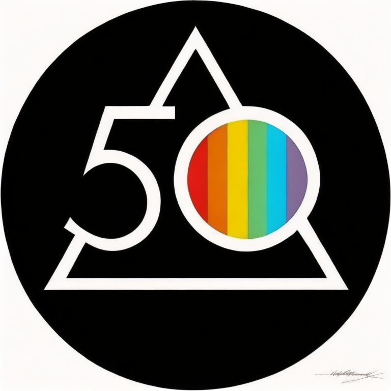 Black circle with white number 50 in a white triangle with rainbow circle - signed artwork.