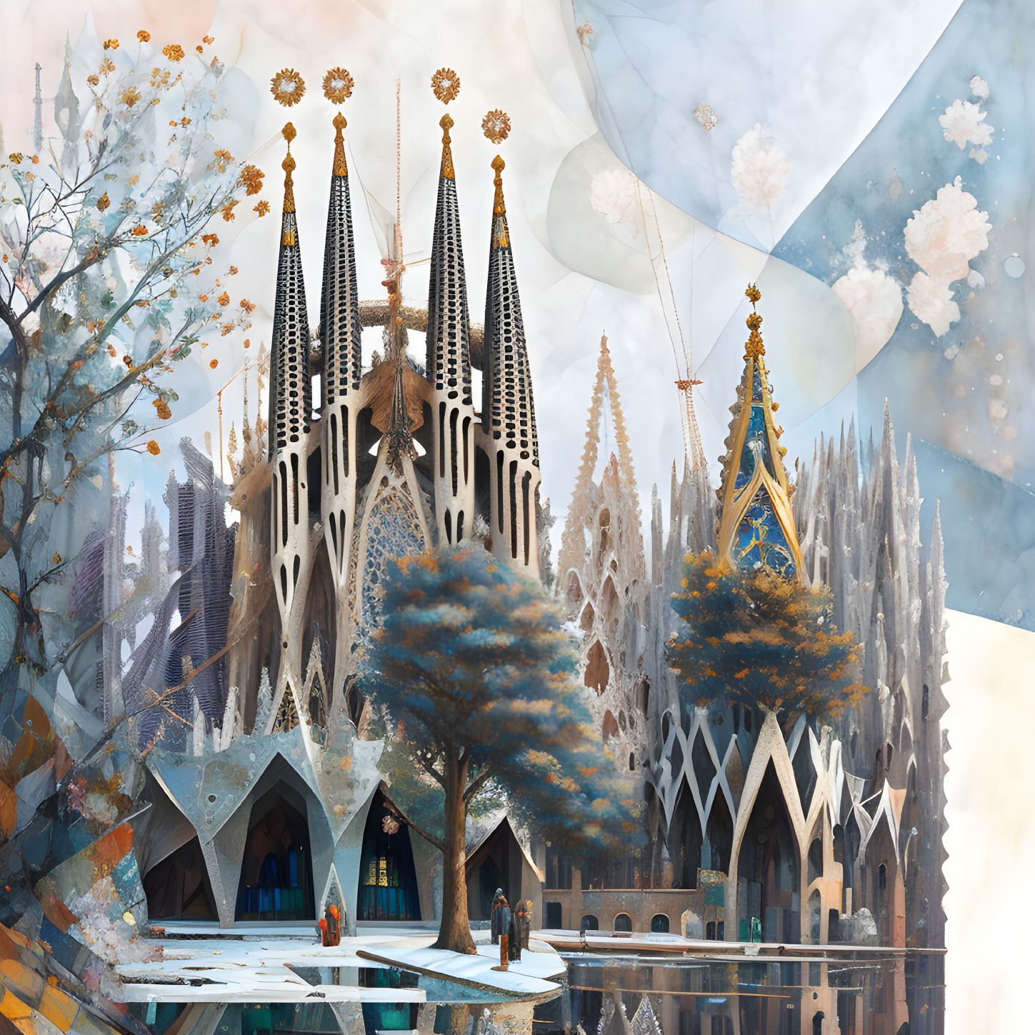 Fantasy digital illustration of grand cathedral with gold accents and surreal sky