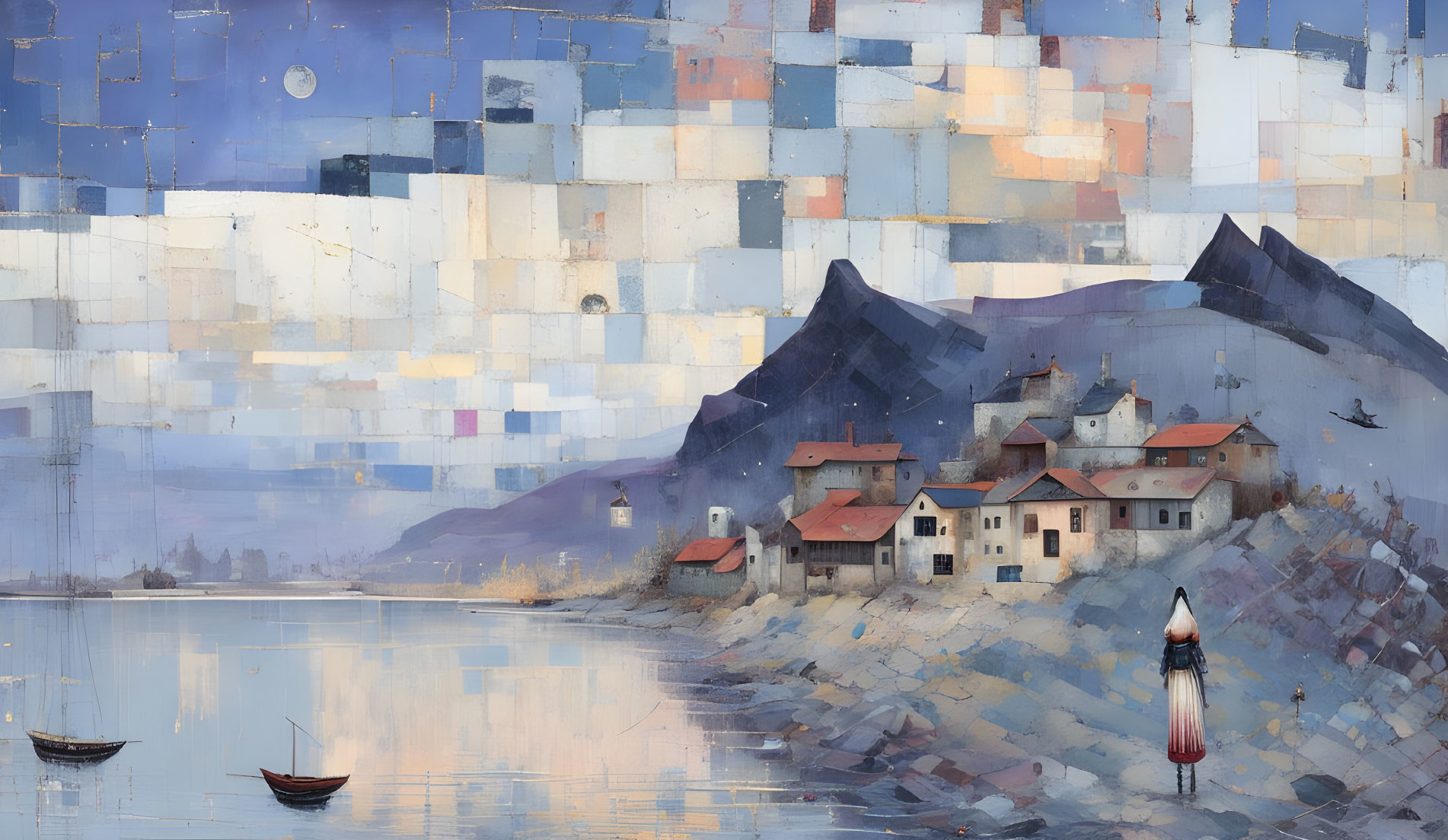 Tranquil lakeside village painting with abstract sky and mountains