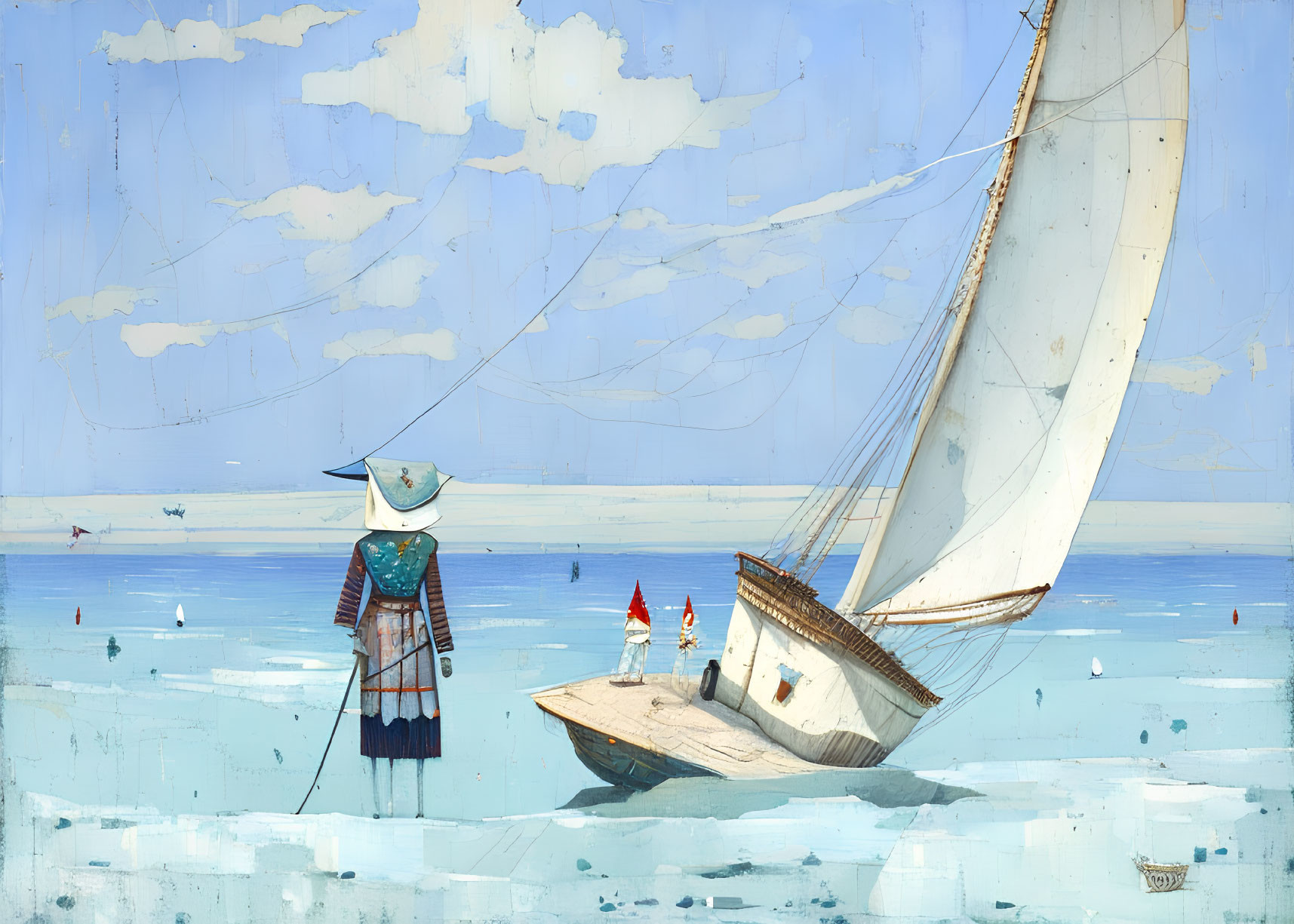 Stylized painting: Large figure in hat by sea, sailboat, tiny people, blue sky