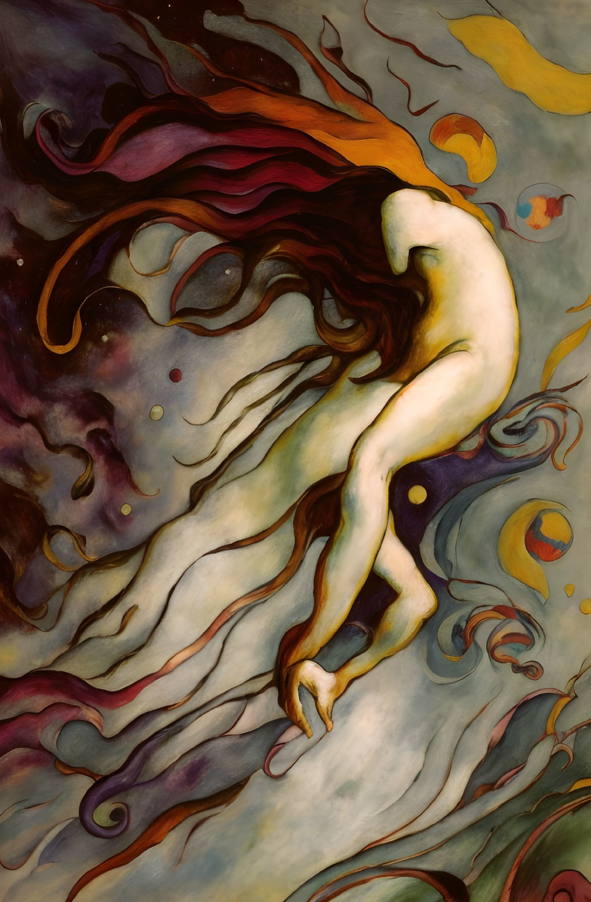 Surreal painting of figure merging with swirling colors