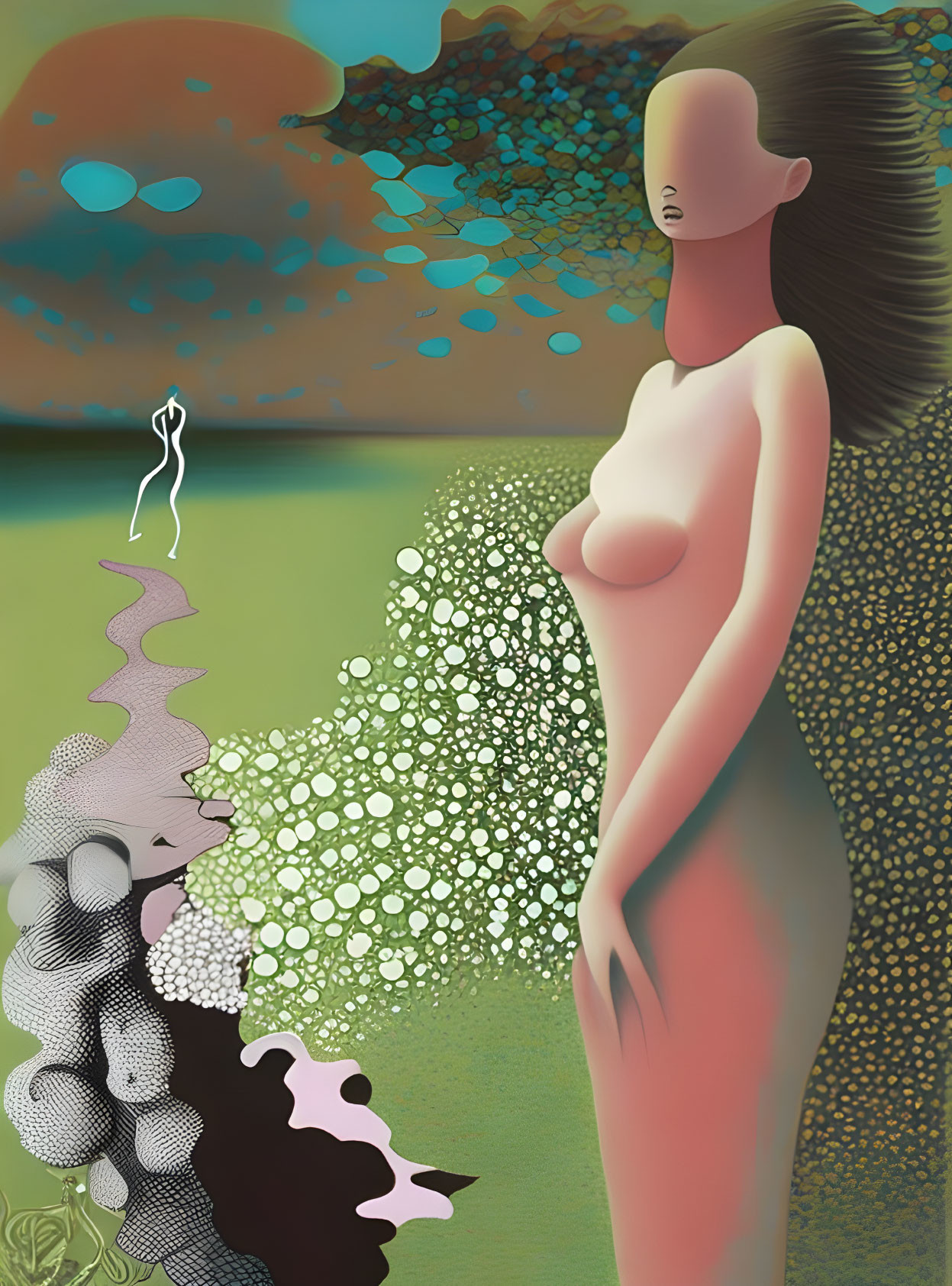 Vibrant abstract illustration of nude female figure with flowing hair.